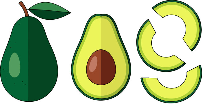 Flat avocado vector set, fresh whole fruit with leaf and half with pit, sliced green avocado pieces for food menu design and healthy eating concepts