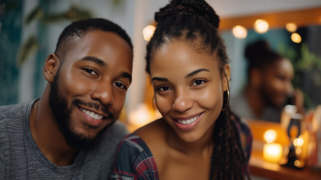 Young Black couple preparing for a dinner date in their bathroom mirror, playful and warm, soft vanity lighting on both faces