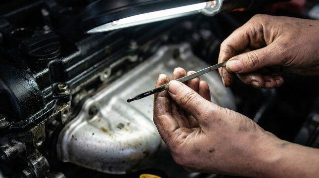 Dirty hands holding an oil dipstick over a car engine. Professional vehicle maintenance and inspection process. Ideal for automotive repair services and technical manuals.
