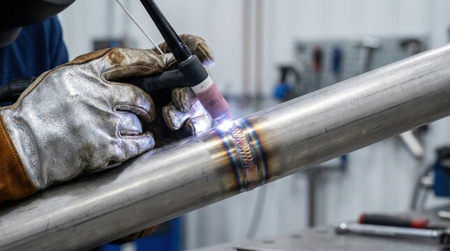 Worker wearing protective gloves welds steel pipe using TIG torch. Scene highlights industrial precision and technical skill. Perfect for manufacturing and trade industry marketing.