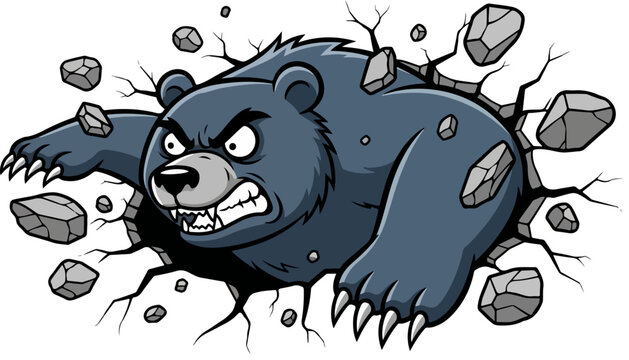 Angry grizzly bear mascot breaking through wall, aggressive black bear character vector, fierce animal sports logo with flying rocks and debris