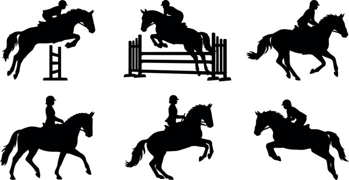 Black silhouette horse jumping and riding vector art collection