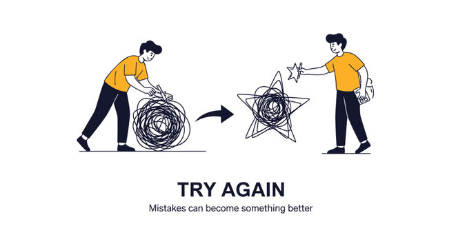Motivational vector illustration, TRY AGAIN concept, mistakes to success, inspirational quote, business and personal growth
