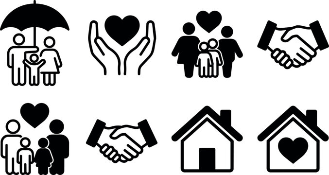 Black and white icons of family care handshake and home with heart
