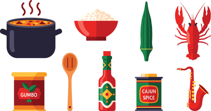 Cajun and Creole Cuisine Vector Icon Set Featuring Gumbo Pot, Crawfish, Okra, Hot Sauce, Rice Bowl, Cajun Spice, and Saxophone for Louisiana Cultural Branding