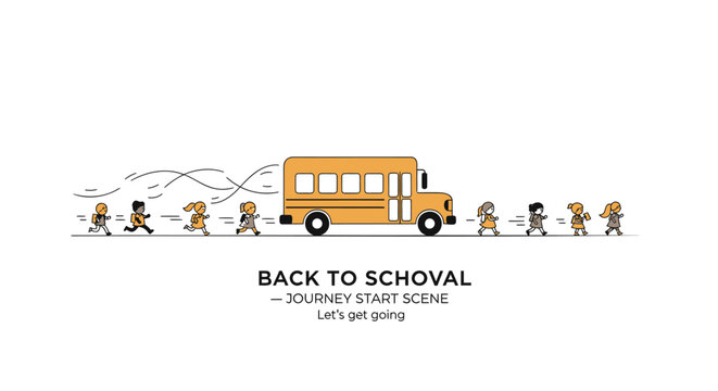 Back to school, kids walking, school bus, educational journey, cartoon characters