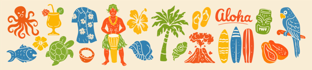 Obraz premium Hawaii summer beach print with hand drawn tropical tiki mask illustration. Exotic island bar sticker set with palm tree silhouette and tribal totem elements. Paradise vacation icons