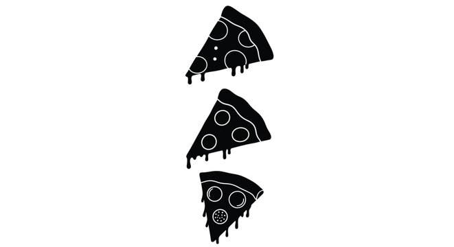 Three black pizza slices with dripping cheese a striking silhouette