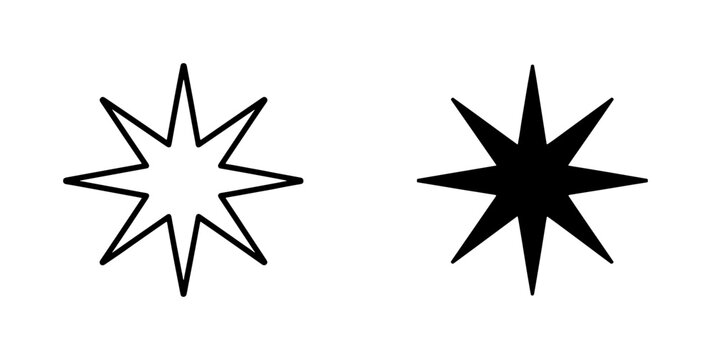 Eight Point Star Outline and Solid Black Vector Icons