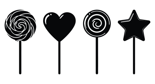 Four colorful lollipops in a row striking black silhouette