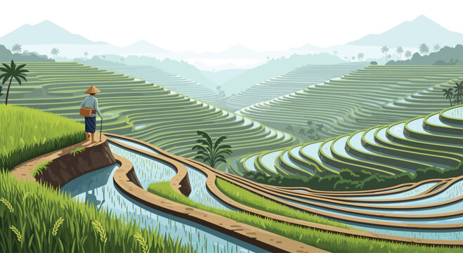 A lone farmer wearing a traditional conical hat stands on a narrow path overlooking breathtaking green rice terraces nestled among misty tropical mountains.