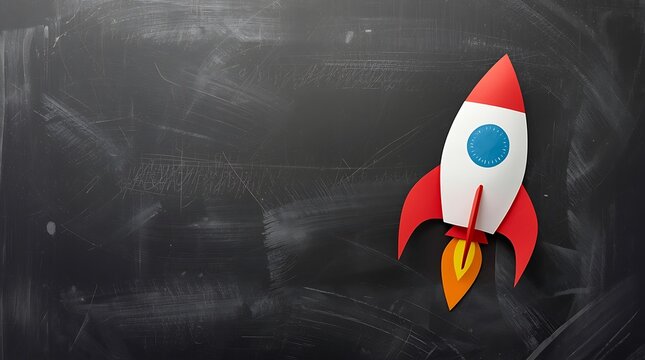 Colorful Paper Rocket on Dark Chalkboard Background.