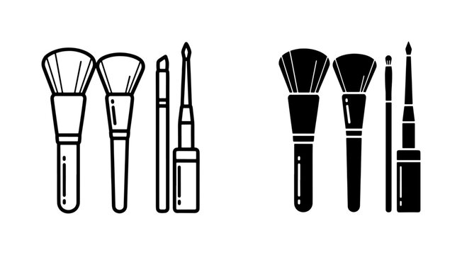 vector line art icon pack of makeup brushes and applicators on white background