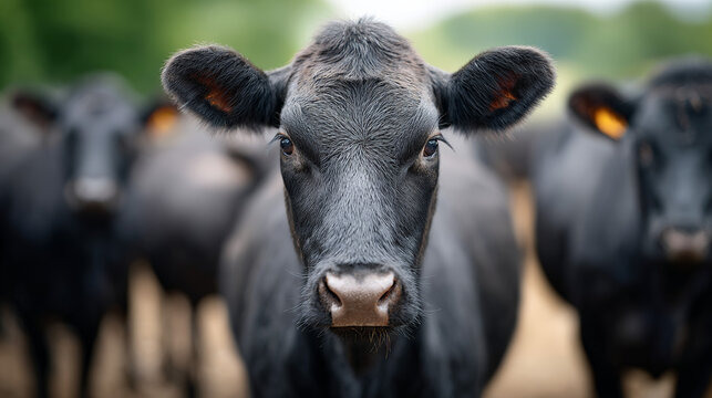 Cow staring directly amid herd in rural pasture setting