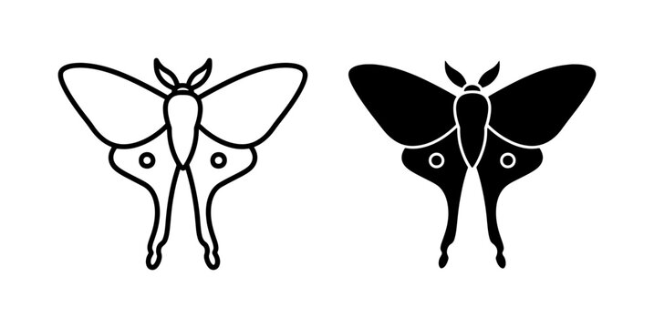 Butterfly icons, moth silhouettes, black line art, vector illustrations, insect graphics
