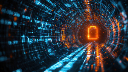 Obraz premium Futuristic digital tunnel with glowing battery icon, energy storage and data technology concept