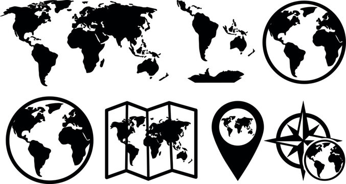 Black and white world map and globe icons with compass and map pin vector art