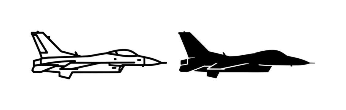Military Fighter Jet Silhouette and Outline Vector Set