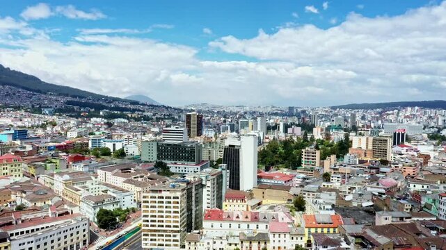 Quito, Ecuador: 12-12-2022: Aerial view over the city with many colorful buildings
