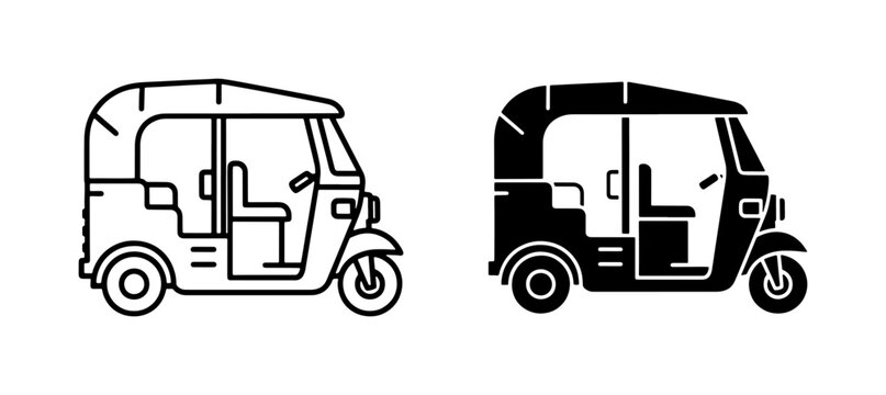 Tuk Tuk Rickshaw Line and Silhouette Icon Set