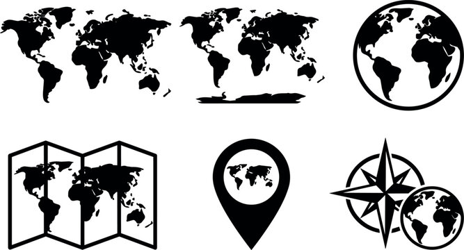 Black world map icons set with globe compass and location pin vector art