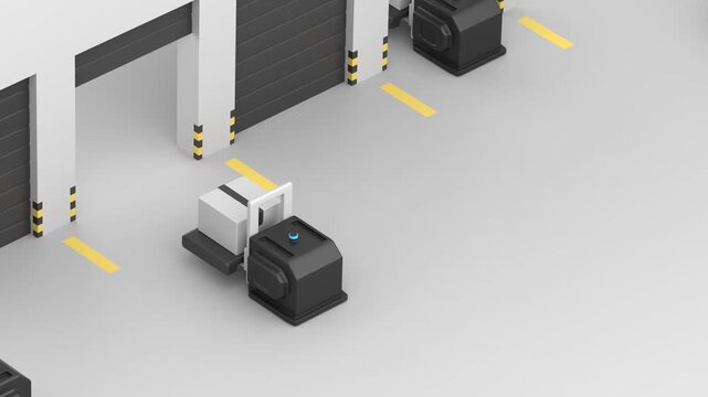 Warehouse logistics. Animation of autonomous pallet jacks moving one after another and placing a pallet with a box into the gate, 3d render
