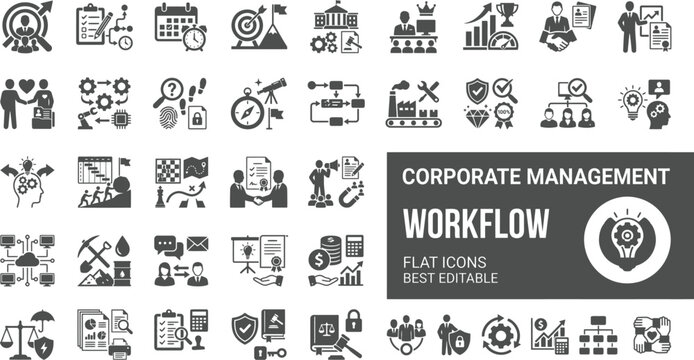Corporate management workflow solid icon set featuring business optimization process, strategic organization planning, and teamwork efficiency vector symbols.