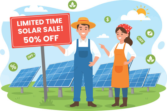 Solar energy sale banner with farmers, limited time solar sale 50 percent off promotion, renewable energy discount vector illustration isolated on White Background