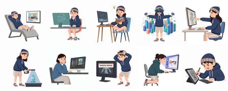 Set of 3D artist character illustrations showing various workflow stages like modeling, rendering, VR design, and digital sculpting for creative professional concepts.