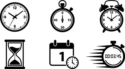 Fototapeta premium Black and white icons of round clock stopwatch alarm clock calendar hourglass timer