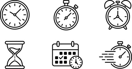 Fototapeta premium Black and white line art clock timer alarm calendar and hourglass icons set