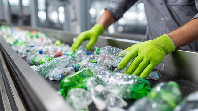 Man hand wearing gloves sorting plastic bottle on industrial conveyor belt. Worker in recycling plant separating waste for processing. Environmental sustainability and waste management.