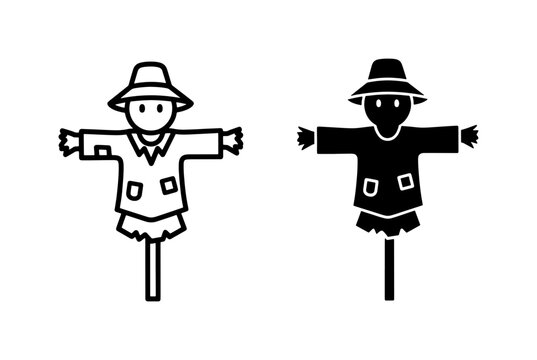 Scarecrow line and silhouette icon set for farm garden