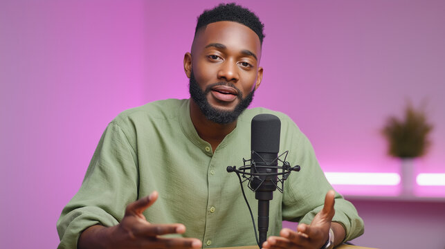African american man podcaster recording audio in studio. Professional speaker talking into microphone. Digital broadcast communication, media production and content creation concept.