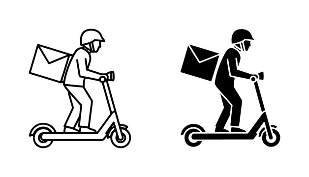 Courier riding electric scooter with delivery backpack icon set