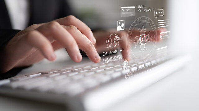 A close-up view of a person typing on a keyboard with a virtual interface showcasing AI elements, representing the fusion of technology and communication in a modern workspace. Ledger