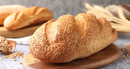 Naklejka premium Loaf of bread with sesame seeds, grain and spikes on grey table, closeup