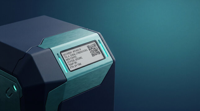 Futuristic delivery container with digital display and QR code