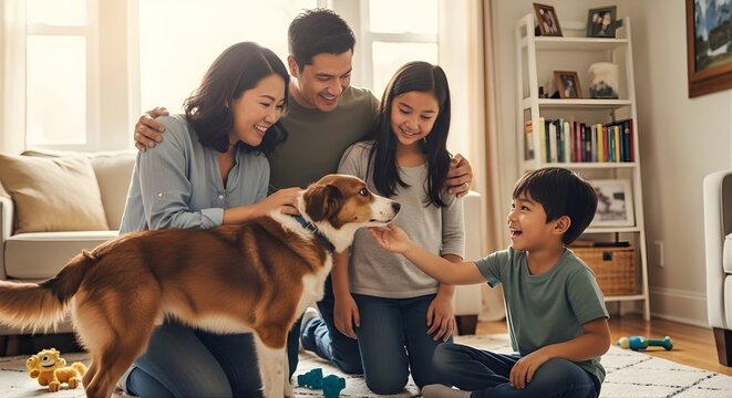 Diverse family adopting rescue dog at home, happy lifestyle scene, inclusivity, pet adoption concept, natural light photography
