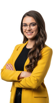 Smiling woman holding a bright yellow handbag isolated on transparent background png.PNG,Png