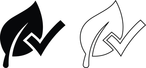 Vector icon set features a natural leaf with a checkmark in black silhouette and outline styles, representing certified organic, eco friendly, and sustainable environmental products. © Shafi Ullah