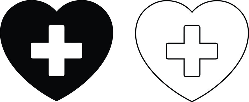 Heart medical cross icon set featuring black silhouette and outline symbols for healthcare, pharmacy, hospital emergency services, and medical aid sign representation.