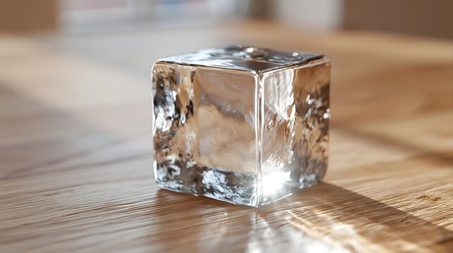 Cubetto di ghiaccio trasparente su un tavolo di legno illuminato da forte luce solare