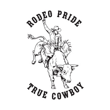 Rodeo cowboy riding bull with pride and true cowboy spirit isolated on white background