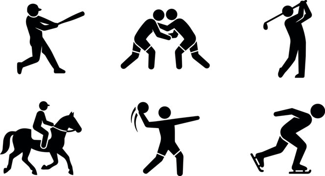 Baseball batter wrestling players and golfer horse rider ball thrower ice skater icons