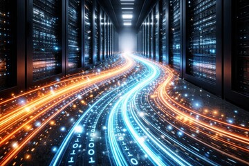 Fototapeta premium Data streams flowing through modern server room with vibrant light trails