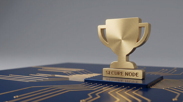 Golden Secure Node trophy on circuit board, technology achievement concept.