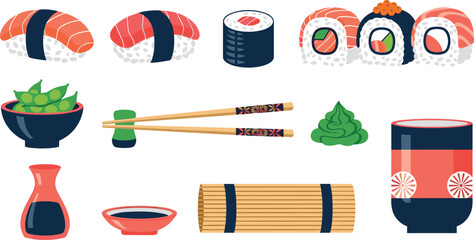 Japanese Sushi Vector Icon Set Featuring Nigiri, Maki Rolls, Salmon Sashimi, Edamame, Wasabi, Soy Sauce, Chopsticks, and Bamboo Mat for Restaurant Menu Designs © Firoz