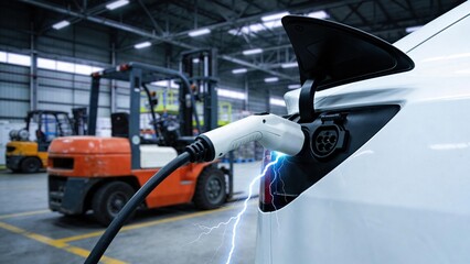 Fototapeta premium Electric vehicle charging station with a charging cable connected to a white car. Industrial background with forklifts and warehouse setting.