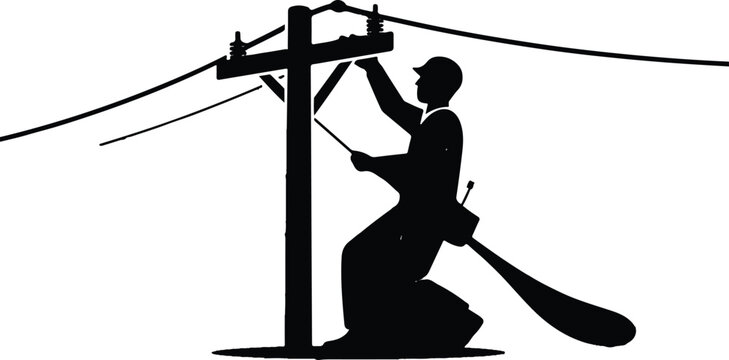 A silhouette of a lineman working on a power pole with electrical wires